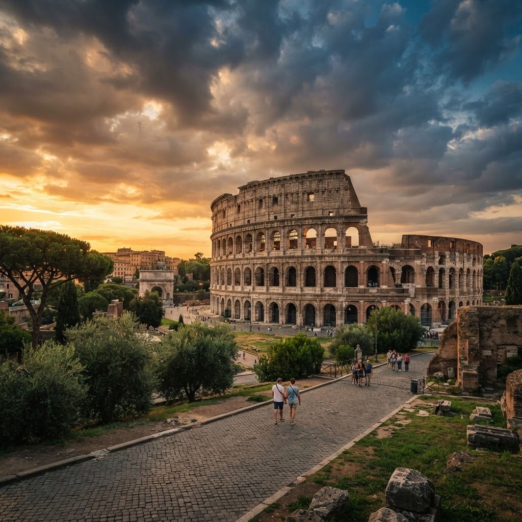 The Colosseum in Rome at dusk with tourists strolling in the foreground