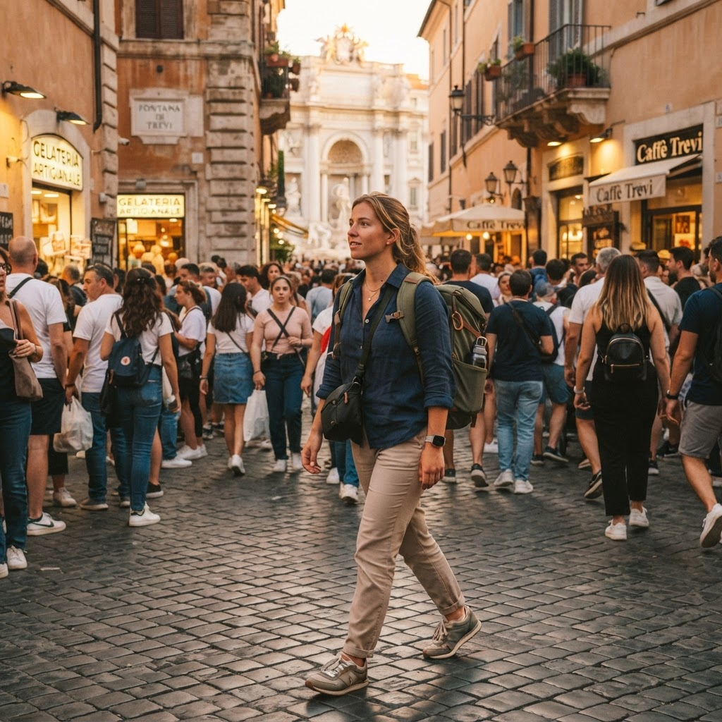Un viajero atento con mochila caminando por una calle concurrida cerca de la Fontana di Trevi en Roma