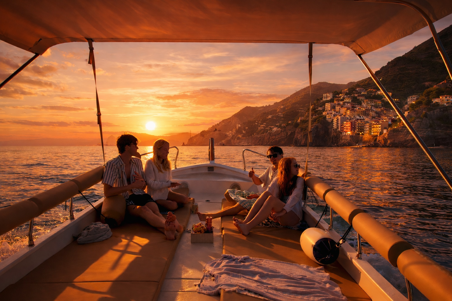Atardecer en barco privado con pesto y vino típico