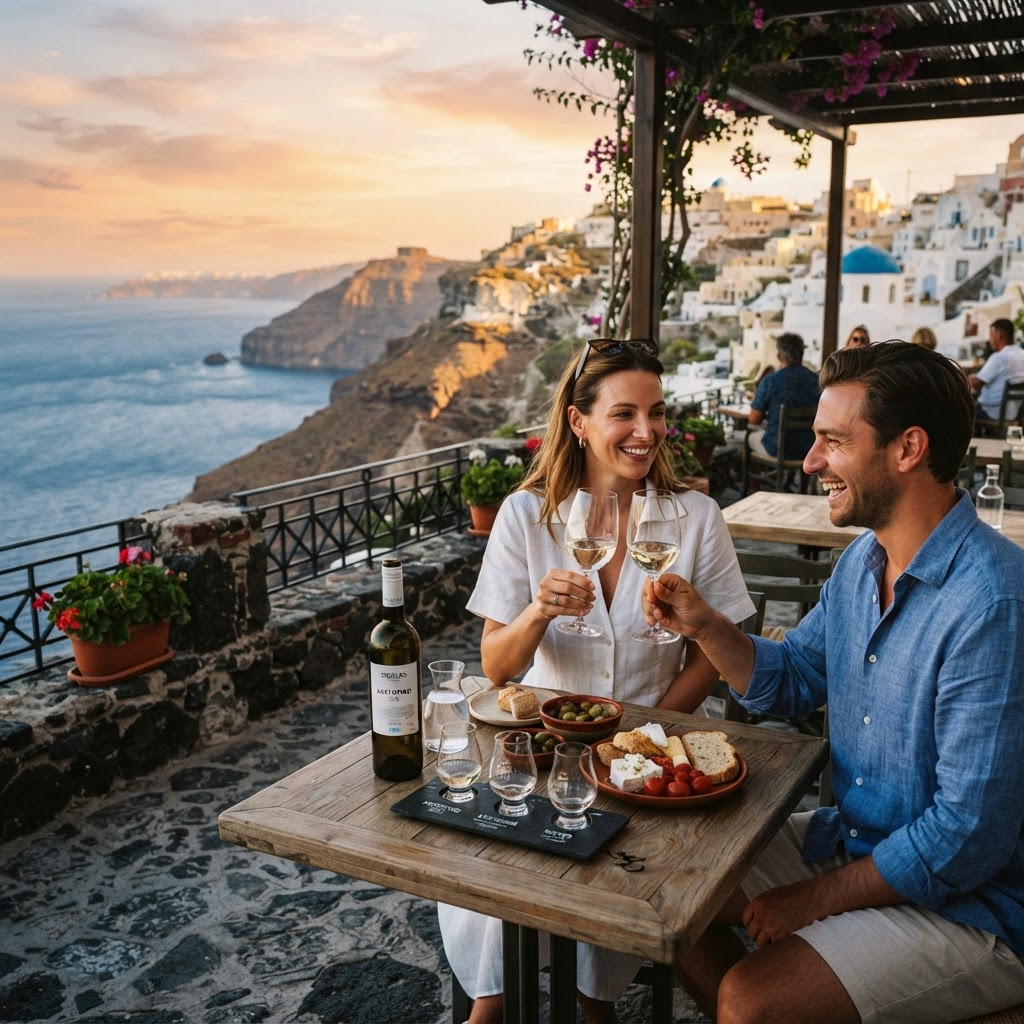 Cata de vinos semiprivada en Santorini