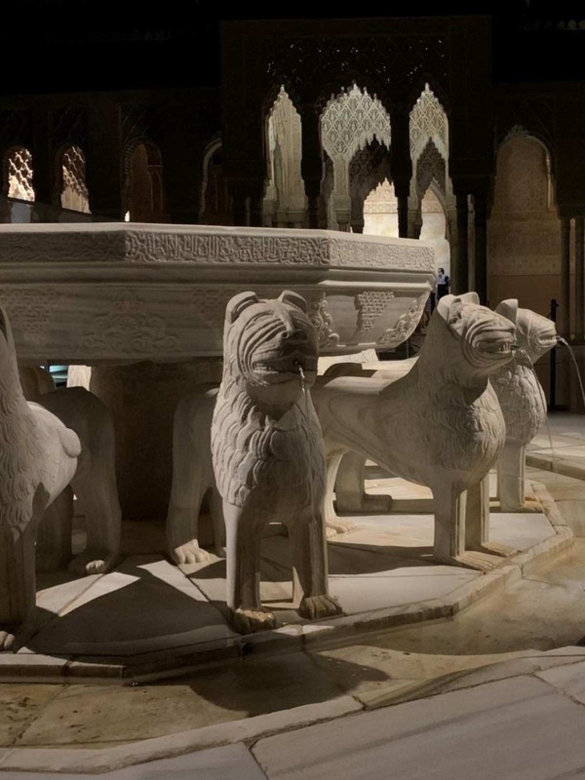 Stone fountain with lion carvings spouting water in an ornate courtyard at night.