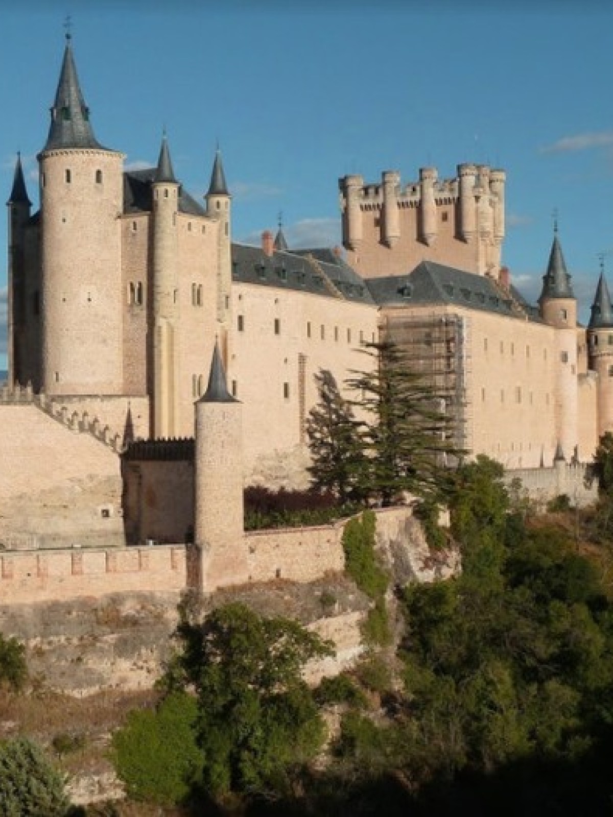A large historic castle with towers, set on a hill surrounded by lush greenery and a distant town.