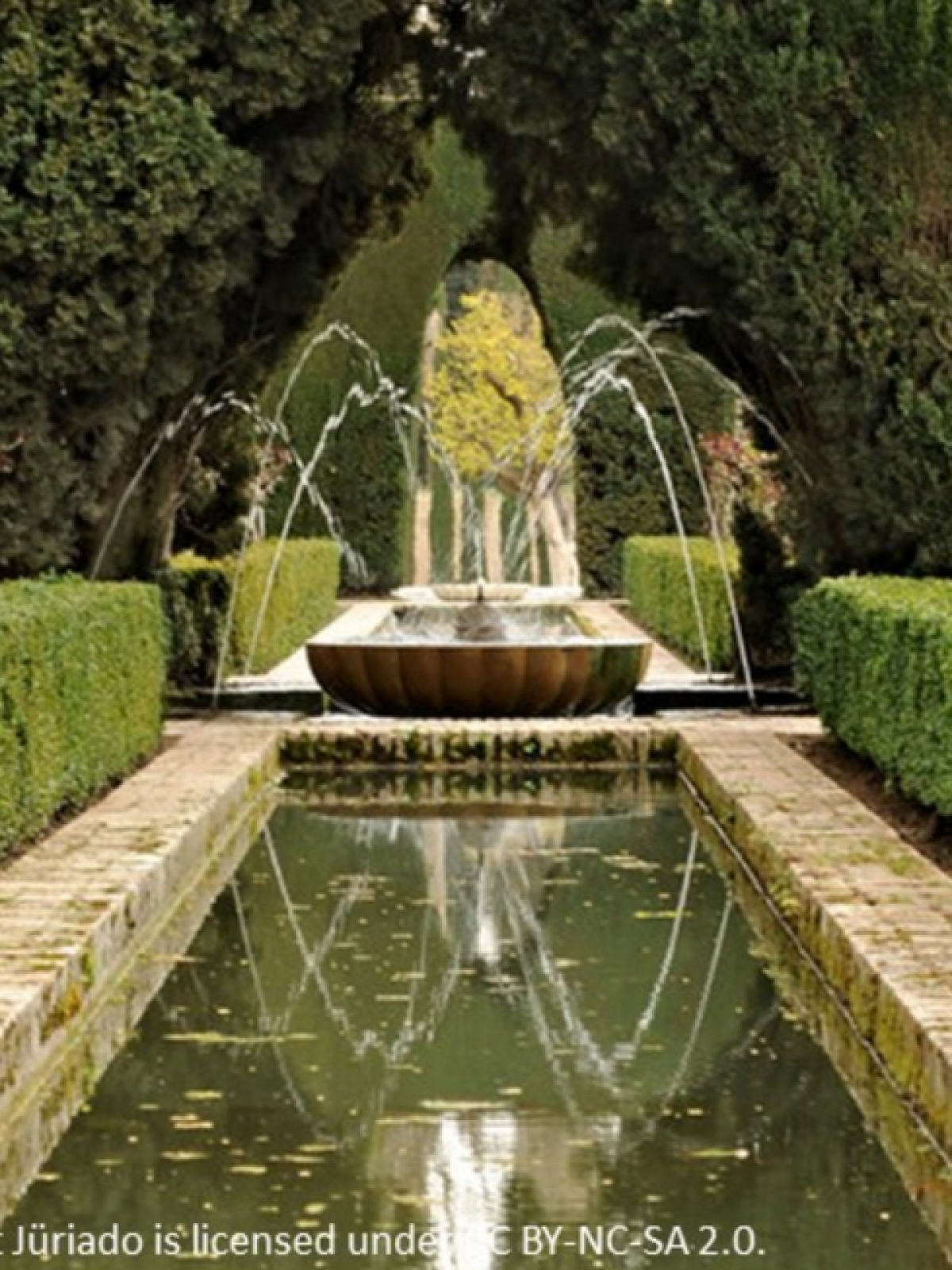 Garden pathway with fountain, hedges, and arched trees creating a symmetrical and tranquil scene.