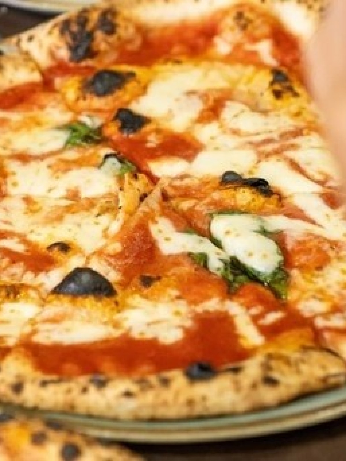 Wood-fired pizza with cheese, tomato sauce, and basil on a plate.