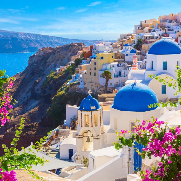 Santorini cliffside view with blue domes, white buildings, and pink flowers by the sea.