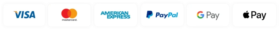 Logos of Visa, Mastercard, American Express, PayPal, Google Pay, Apple Pay, Zip, and Afterpay.